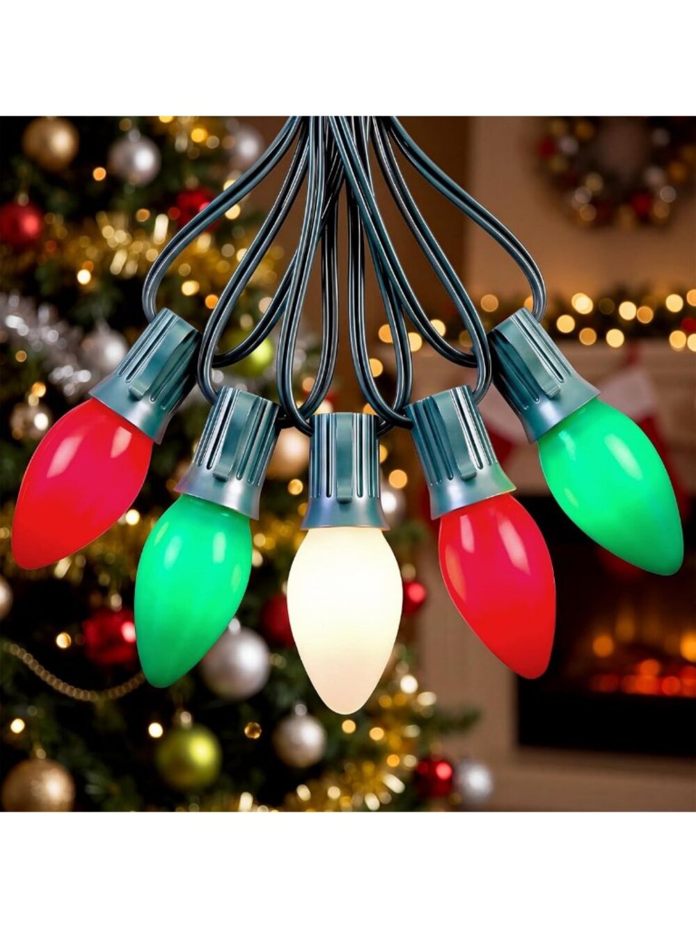 52Ft Multicolor LED Outdoor Christmas Lights, Vintage Edison Bulbs, Green Wire